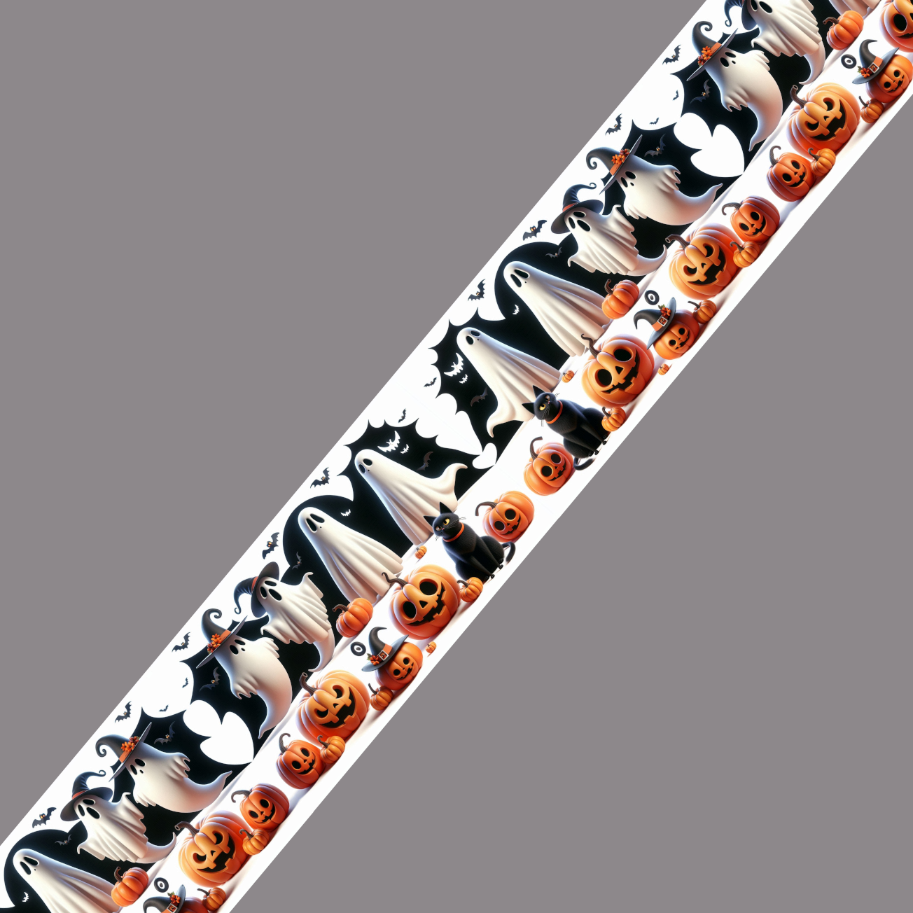 Motif BioThane® imprimé festif avec fantômes souriants, citrouilles et chauves-souris sur fond blanc. Idéal pour Halloween. Disponible en 19, 25 et 38 mm. Fabriqué en France.