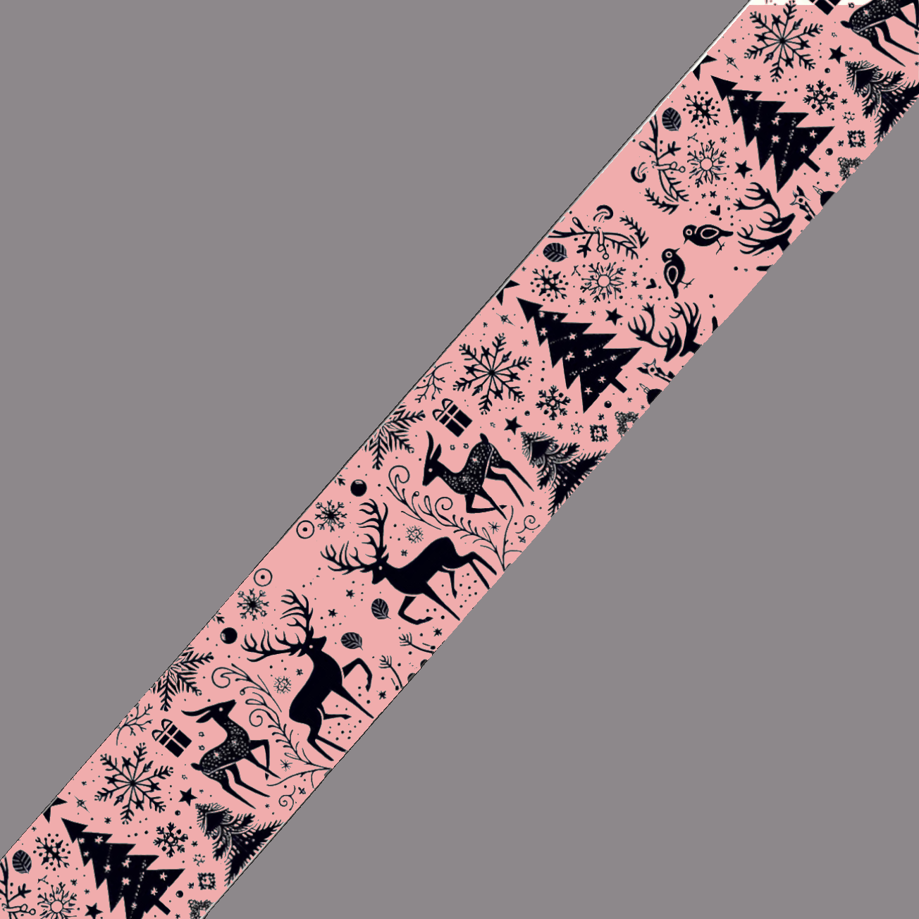BioThane imprimé - Rennes et Sapins de Noël (fond rose gold)