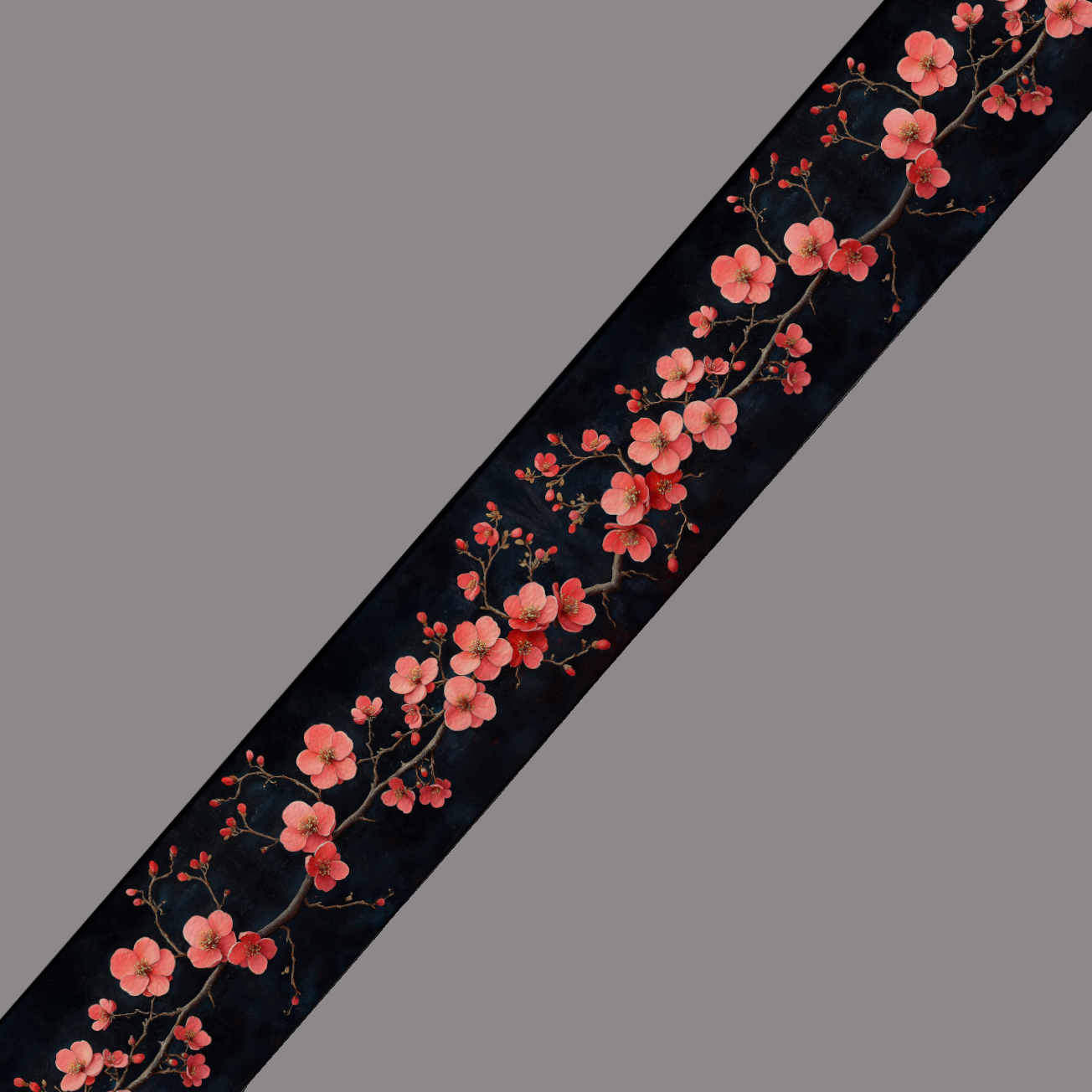 BioThane® imprimé – Fleurs de cerisier rouges sur fond noir