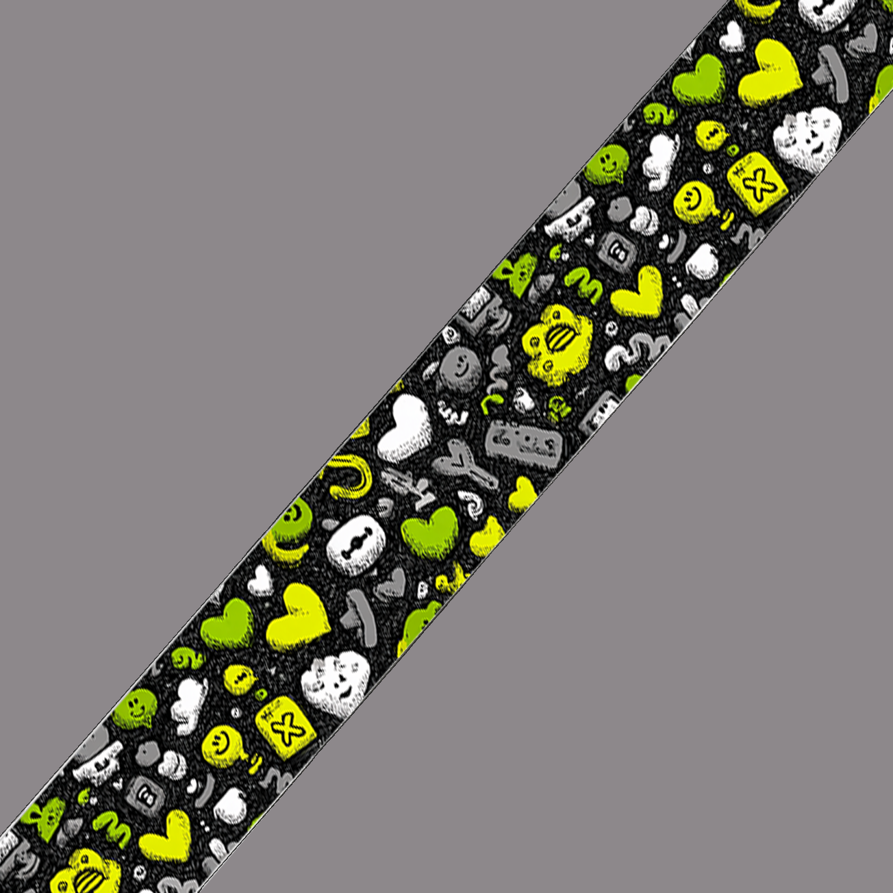 BioThane imprimé – Motif Emojis & Cœurs vert fluo sur fond noir