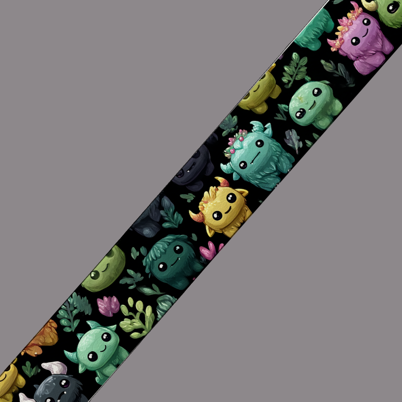 BioThane imprimé – Créatures mignonnes multicolores sur fond noir
