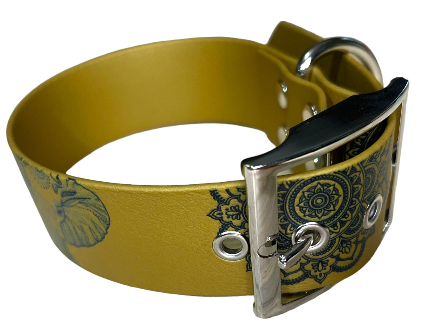 Collier large en BioThane® imprimé “Éléphant Mandala” – Déstockage (doré, améthyste, fuchsia, vert caribéen)