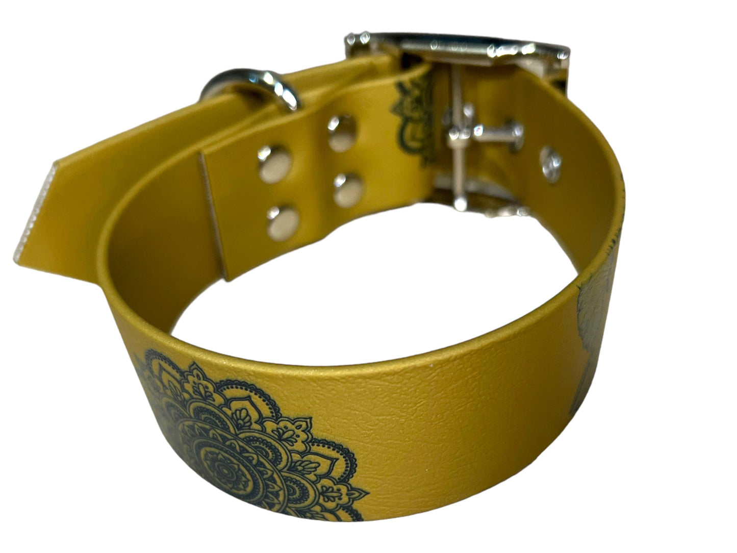 Collier large en BioThane® imprimé “Éléphant Mandala” – Déstockage (doré, améthyste, fuchsia, vert caribéen)