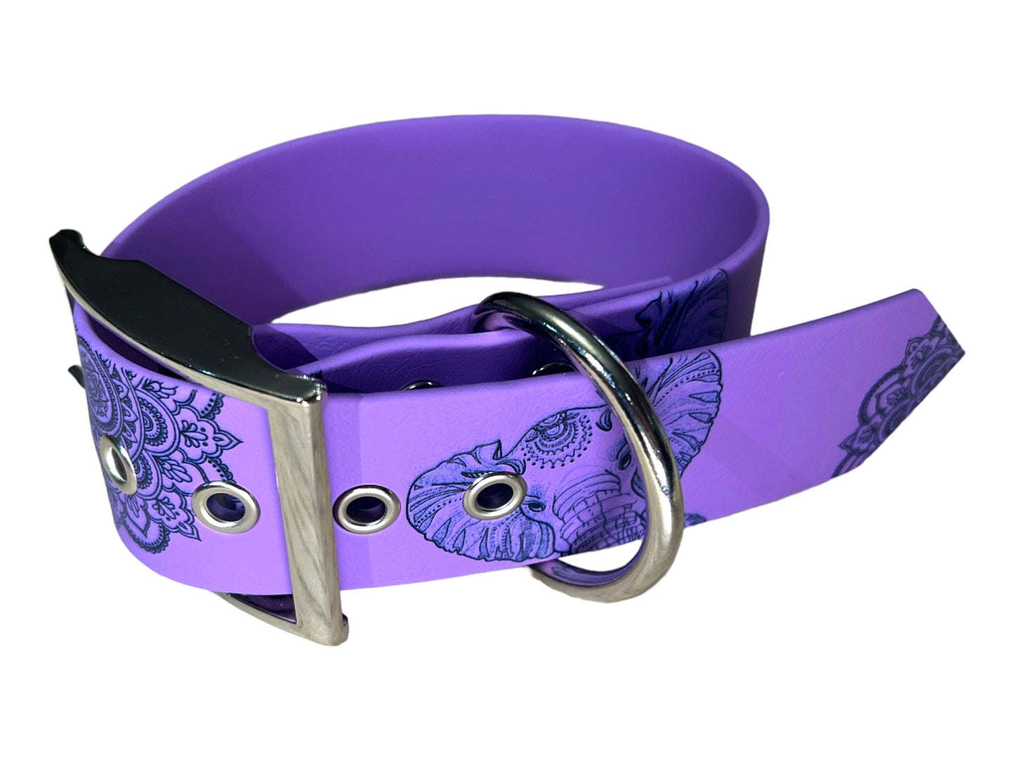 Collier large en BioThane® imprimé “Éléphant Mandala” – Déstockage (doré, améthyste, fuchsia, vert caribéen)