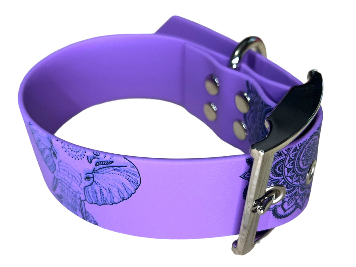 Collier large en BioThane® imprimé “Éléphant Mandala” – Déstockage (doré, améthyste, fuchsia, vert caribéen)