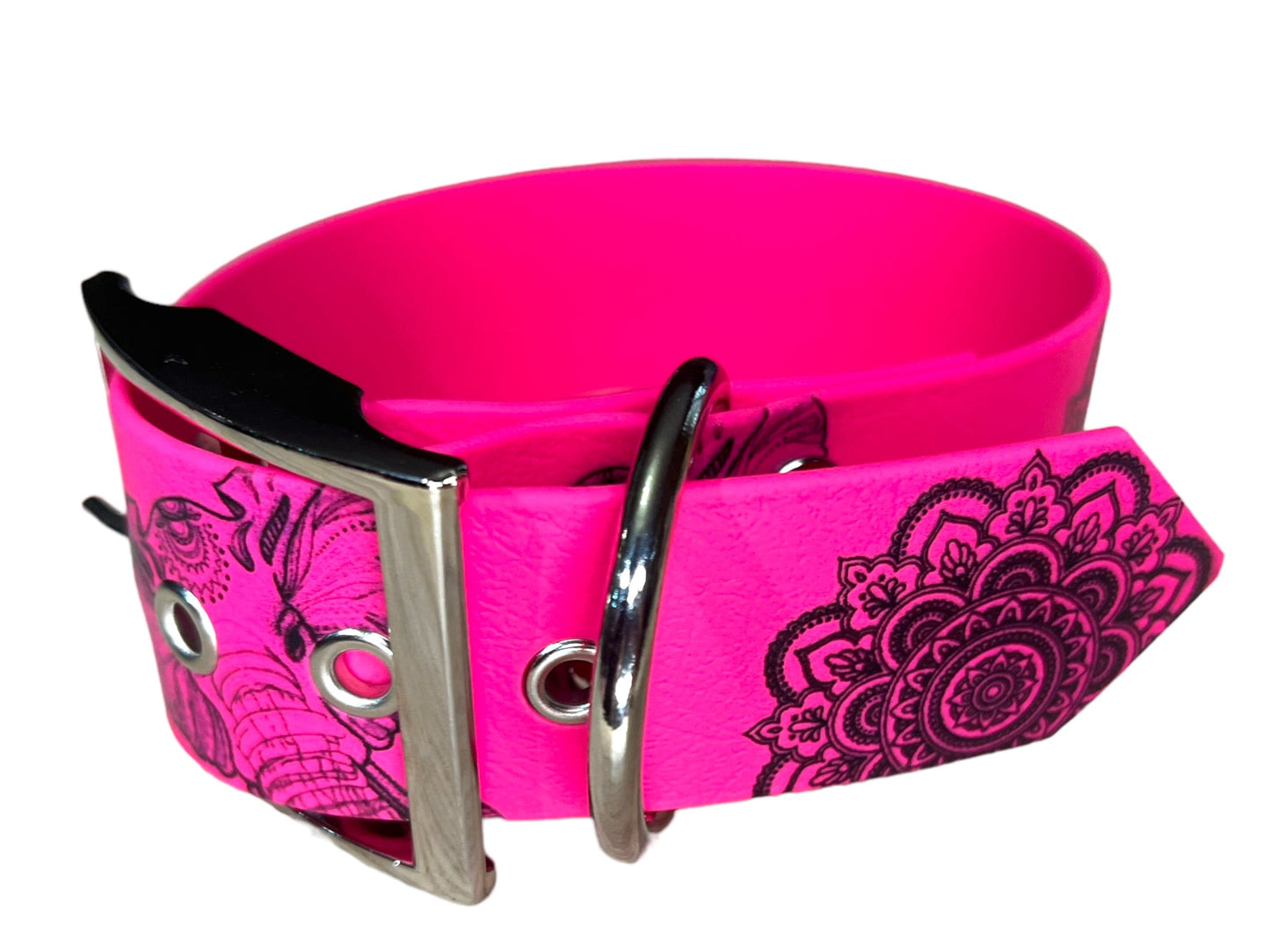 Collier large en BioThane® imprimé “Éléphant Mandala” – Déstockage (doré, améthyste, fuchsia, vert caribéen)