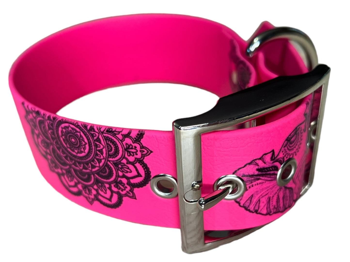 Collier large en BioThane® imprimé “Éléphant Mandala” – Déstockage (doré, améthyste, fuchsia, vert caribéen)