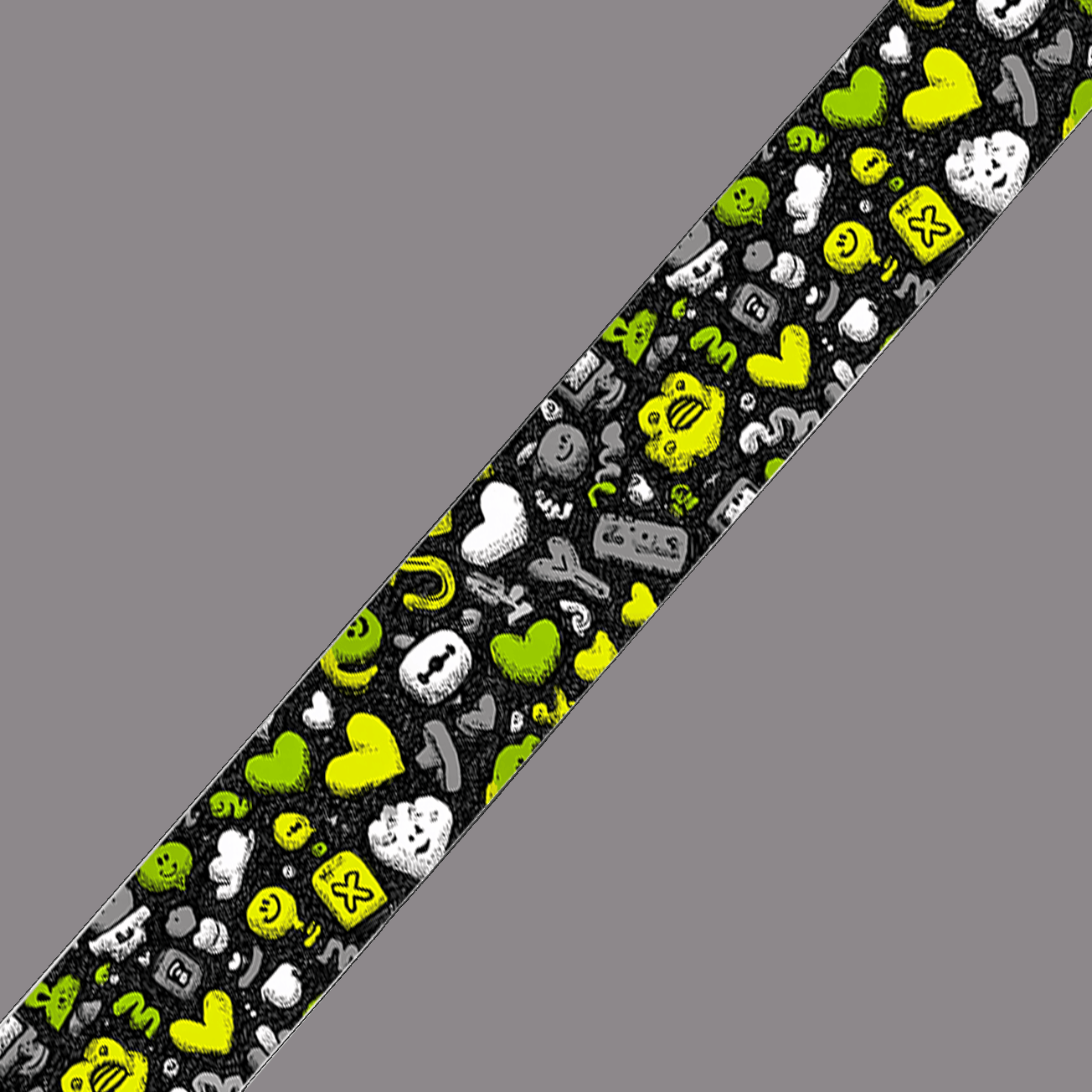 L'atelier du Fourmilier BioThane imprimé au mètre BioThane imprimé – Motif Emojis & Cœurs vert fluo sur fond noir