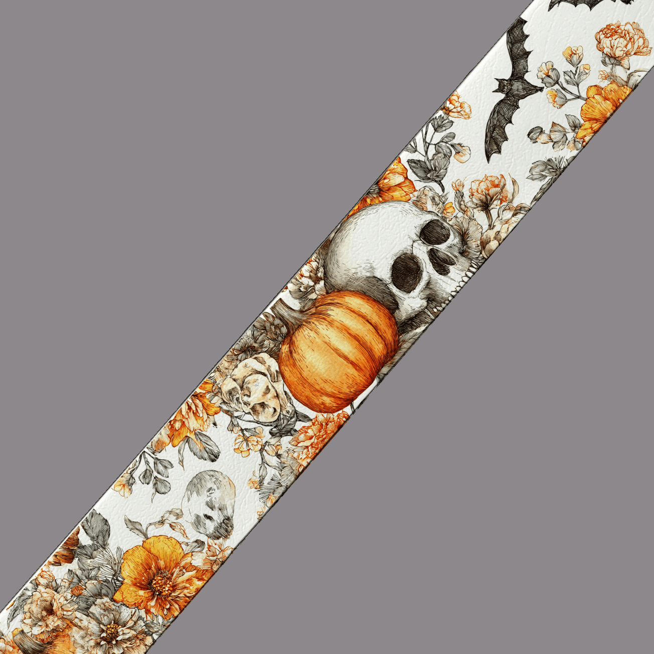 L'atelier du Fourmilier BioThane imprimé au mètre 🎃 Motif BioThane imprimé UV– Citrouilles, Crânes & Fleurs d’automne