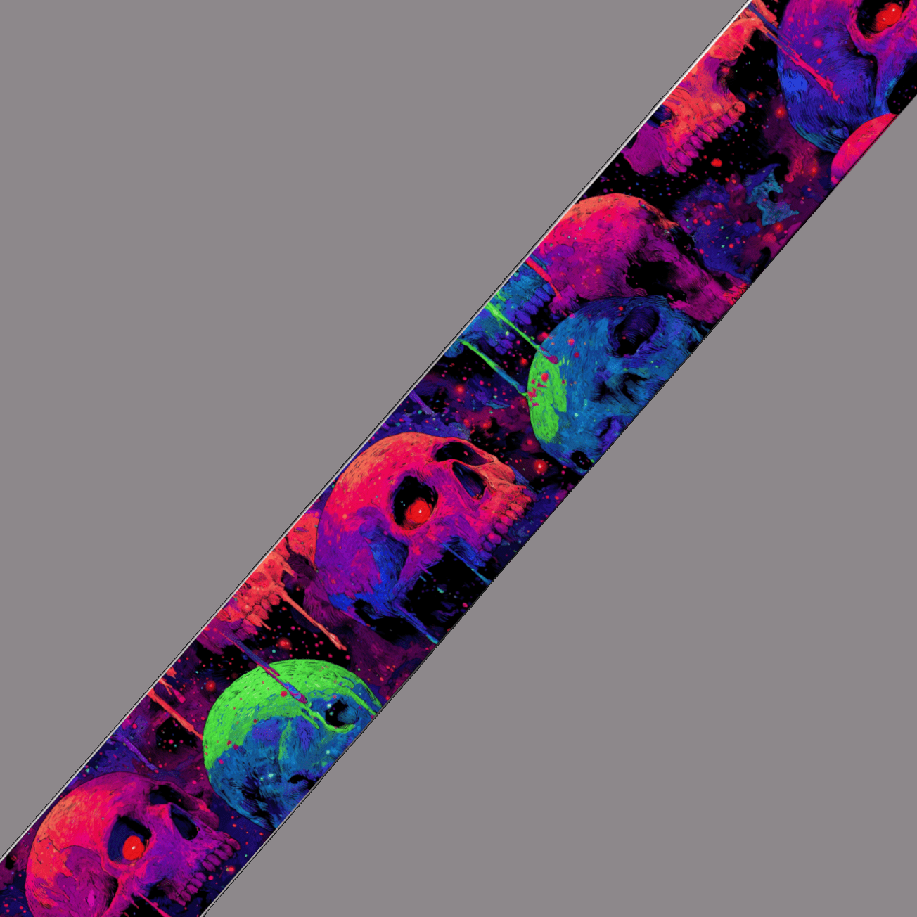 L'atelier du Fourmilier BioThane imprimé au mètre 🌌 Motif BioThane imprimé UV– Crânes néon galactiques