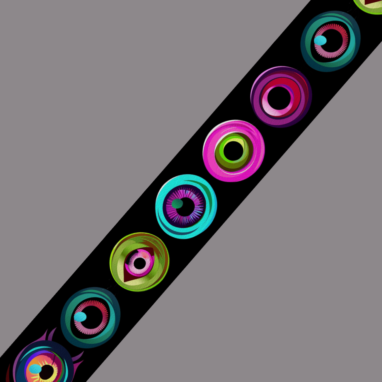 L'atelier du Fourmilier BioThane imprimé au mètre Motif BioThane imprimés UV – Yeux colorés sur fond noir