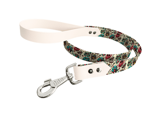 L'atelier du Fourmilier Laisse bicolore longe imprimée 38 / 19mm Laisse bicolore en BioThane® avec longe imprimée – Collection Créatures imaginaires- Coloris au choix