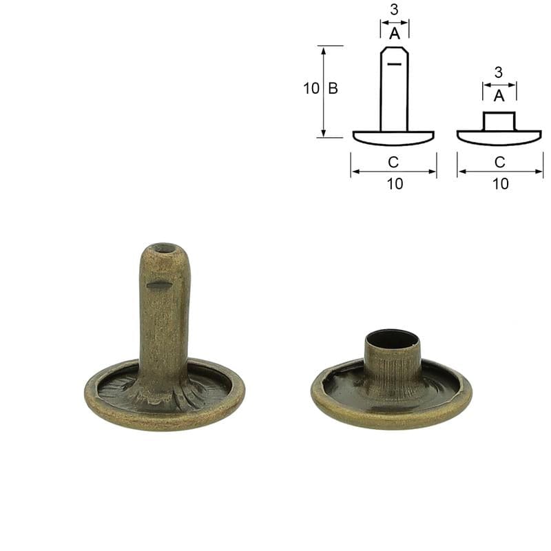 Atelier du Fourmilier Rivets 10 mm Rivets double calotte bronze (laiton antique) Ø10 mm – 10 mm / 13 mm – pour BioThane et cuir