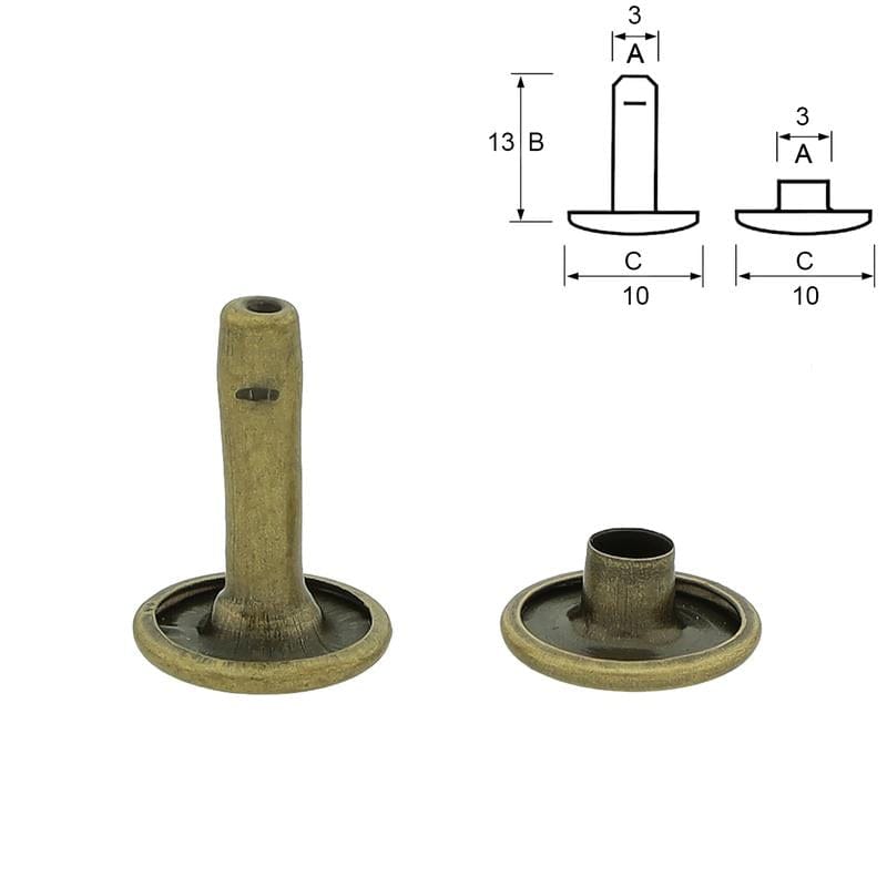 Atelier du Fourmilier Rivets 12 mm Rivets double calotte bronze (laiton antique) Ø10 mm – 10 mm / 13 mm – pour BioThane et cuir