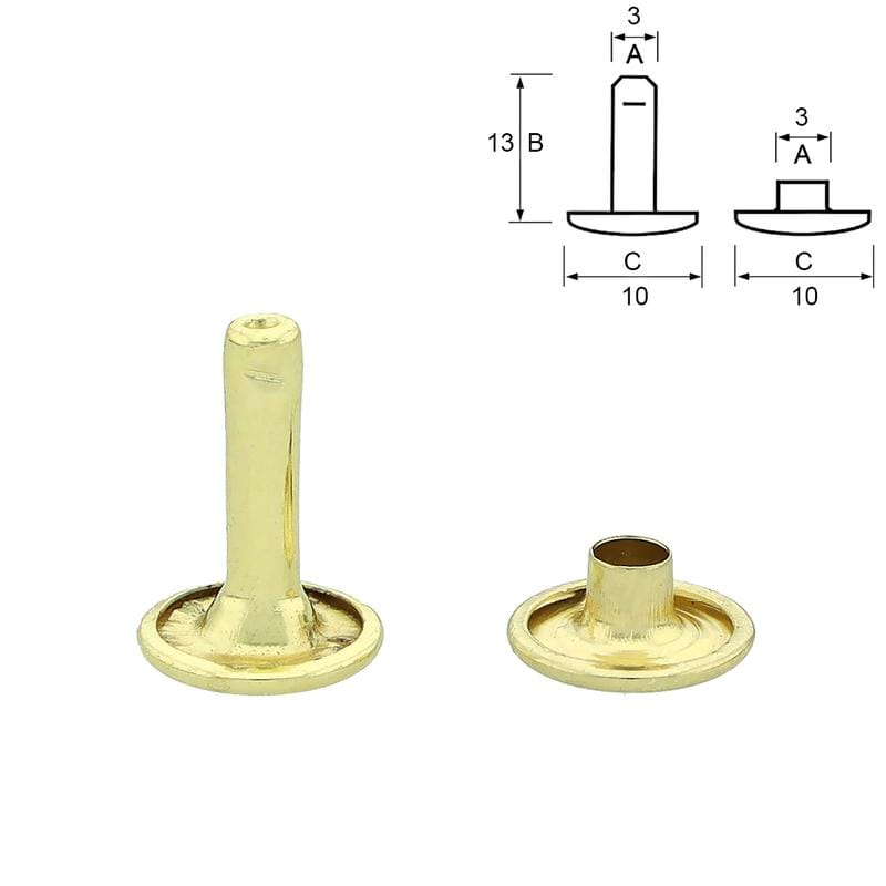Atelier du Fourmilier Rivets 13 mm Rivets double calotte dorés Ø10 mm – 10 mm / 13 mm – pour BioThane et cuir
