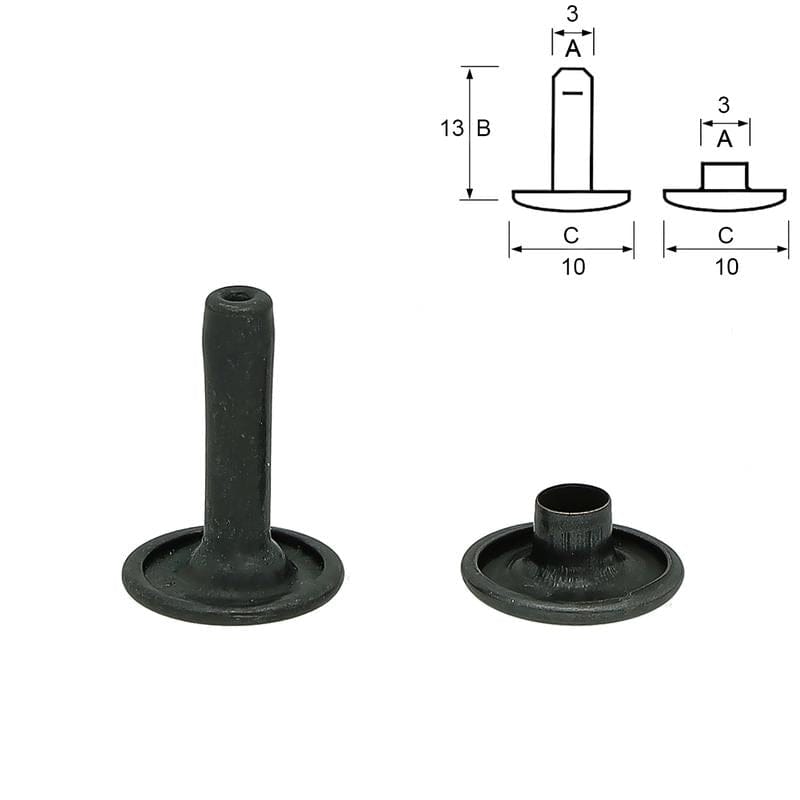 Atelier du Fourmilier Rivets 13 mm Rivets double calotte noirs Ø10 mm – 10 mm / 13 mm – pour BioThane et cuir