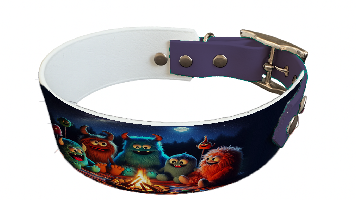 Collier bicolore large pour chien en BioThane® imprimé – Collection monstres et créatures imaginaires– 38/25 mm