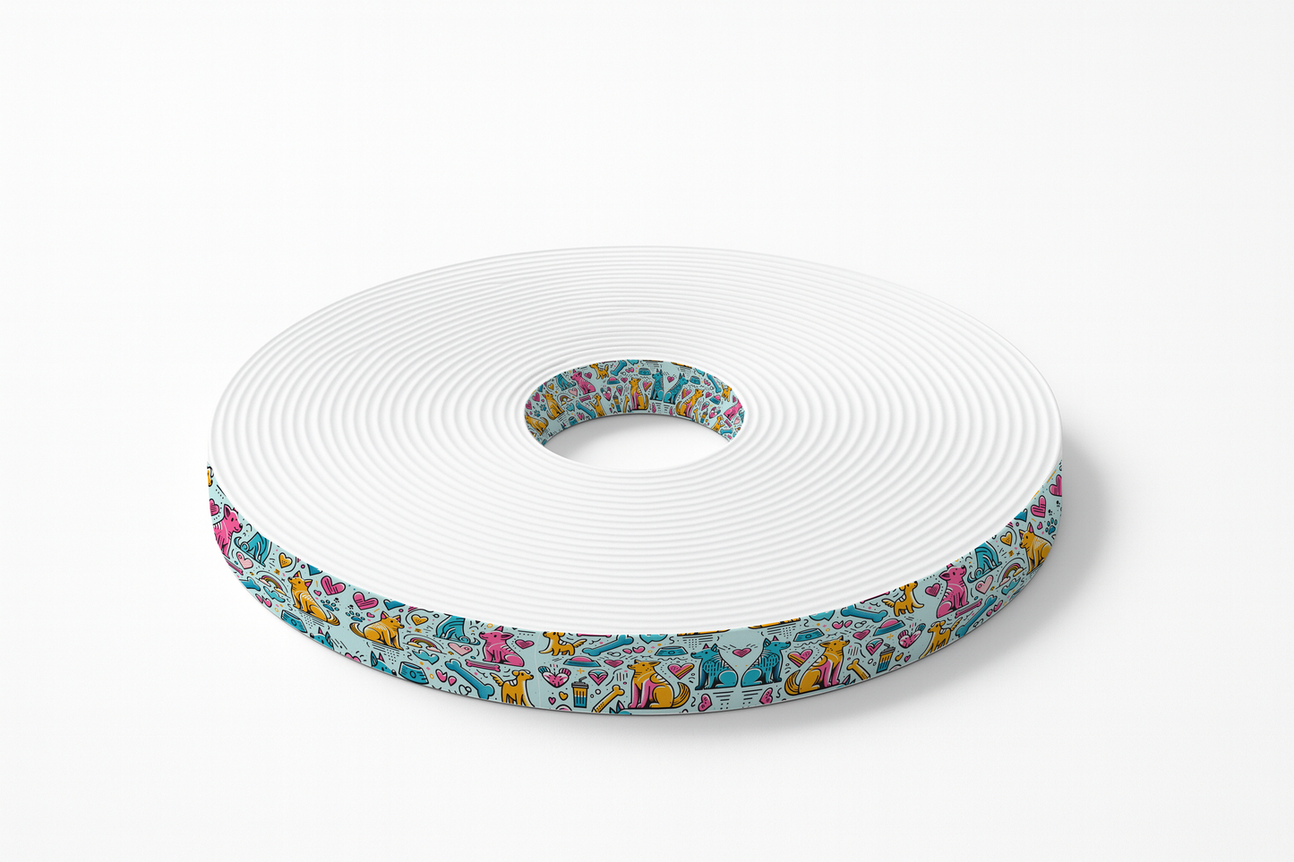 Motif BioThane® – Chiens Colorés (Fond Bleu Clair)