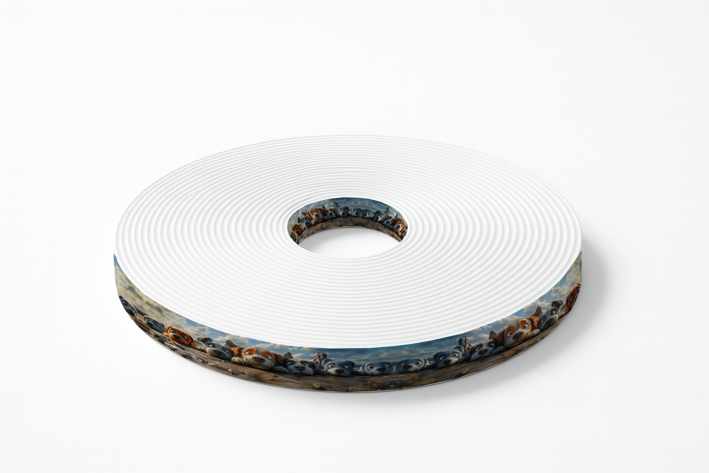 Motif BioThane imprimé – Chiots alignés sur plancher, ciel nuageux en arrière-plan