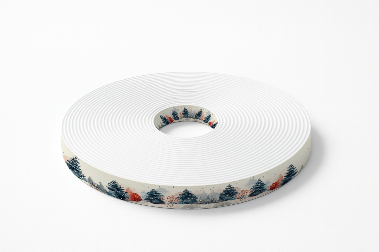 Motif hivernal forêt enneigée et conifères aquarelle – BioThane imprimé au mètre