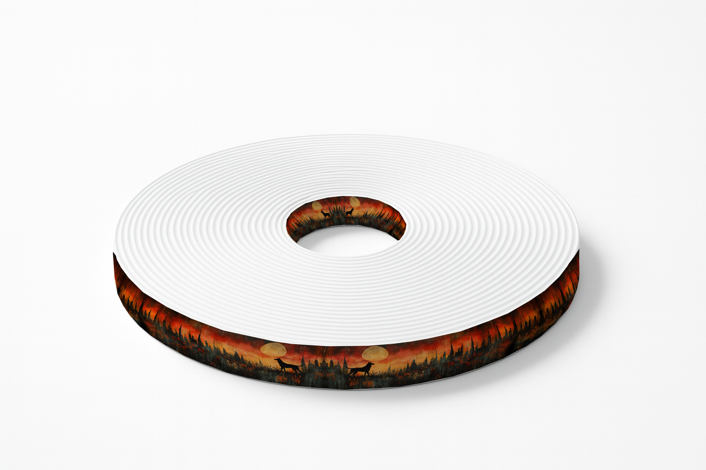 Motif BioThane imprimé – Loups hurlant à la lune dans une forêt rougeoyante