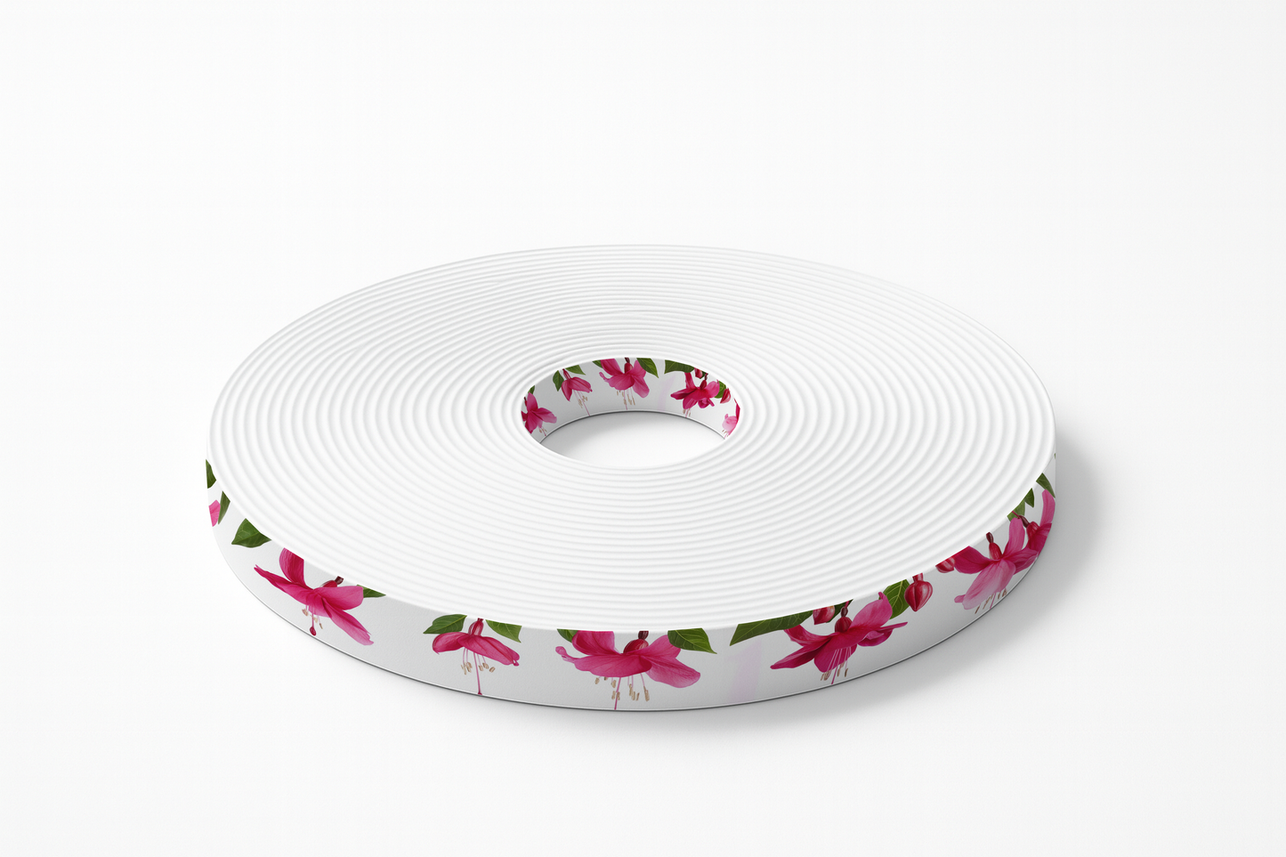 BioThane imprimé – Fleurs de fuchsia rose sur fond blanc