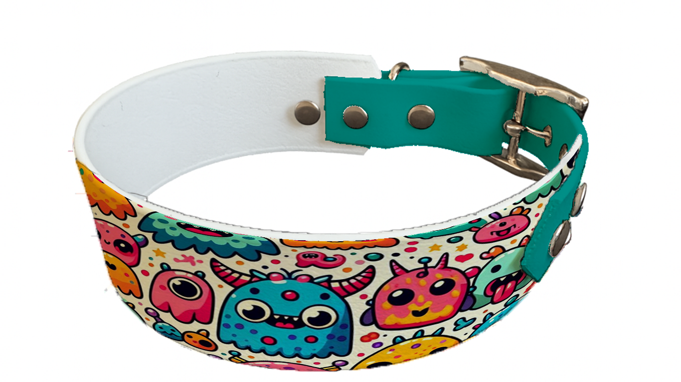 Collier bicolore large pour chien en BioThane® imprimé – Collection monstres et créatures imaginaires– 38/25 mm
