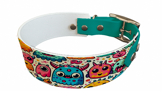 Collier bicolore large pour chien en BioThane® imprimé – Collection monstres et créatures imaginaires– 38/25 mm