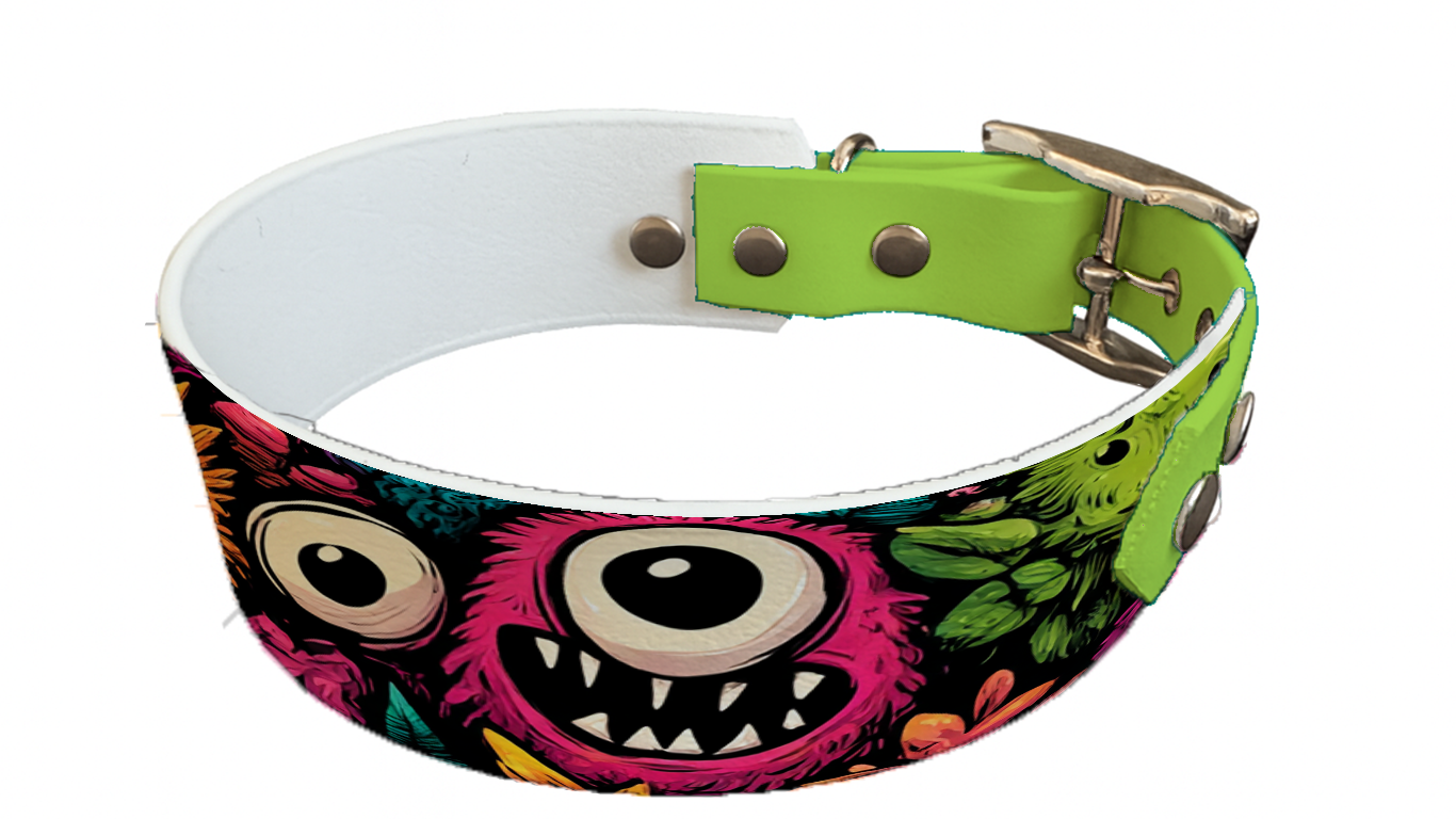 Collier bicolore large pour chien en BioThane® imprimé – Collection monstres et créatures imaginaires– 38/25 mm