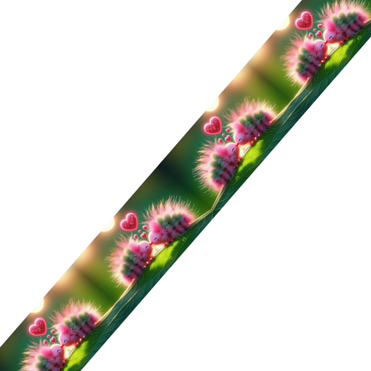 BioThane® imprimé – Chenilles amoureuses sur feuillage lumineux (19mm, 25mm, 38mm)