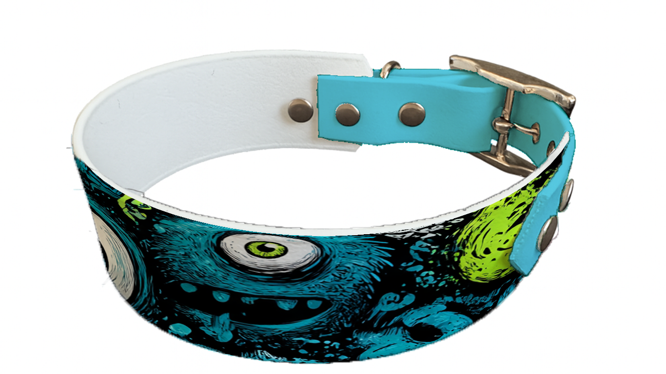 Collier bicolore large pour chien en BioThane® imprimé – Collection monstres et créatures imaginaires– 38/25 mm