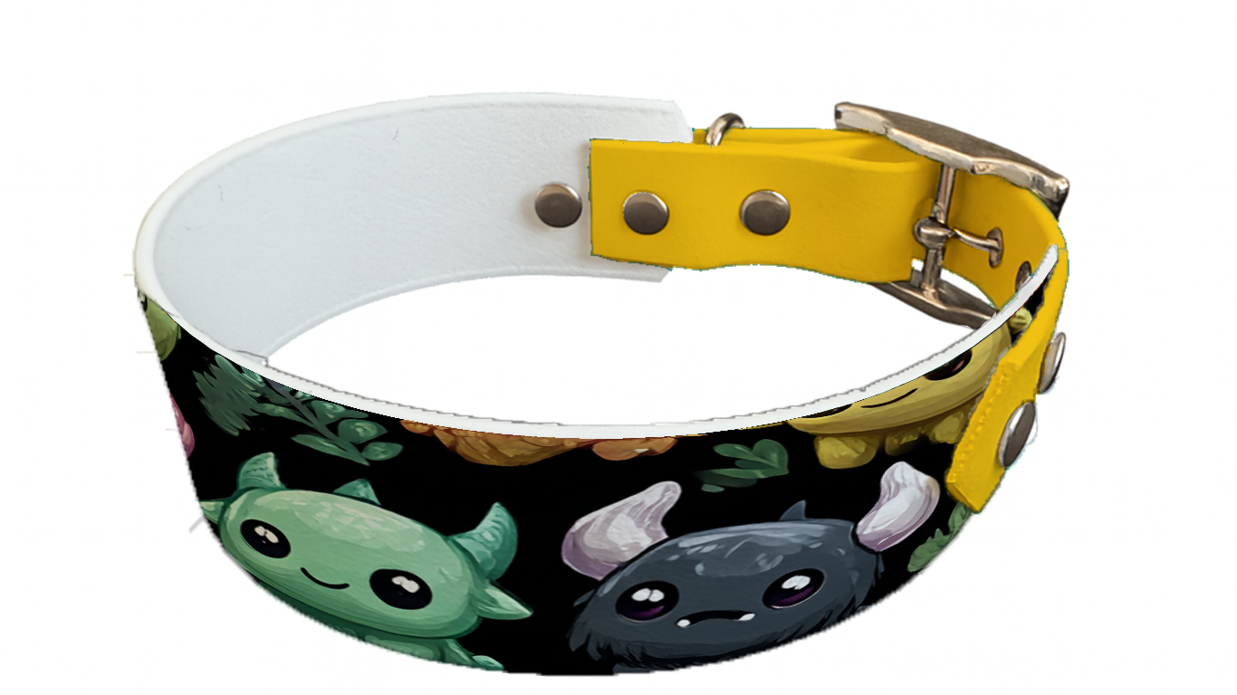 Collier bicolore large pour chien en BioThane® imprimé – Collection monstres et créatures imaginaires– 38/25 mm