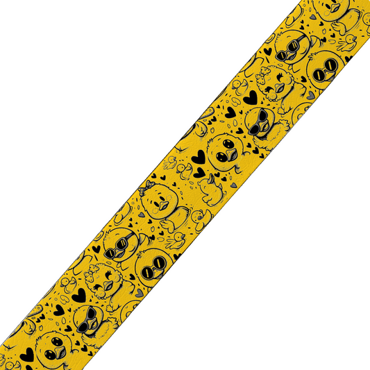 BioThane® imprimé – Poussins cartoon & cœurs noirs (fond jaune)