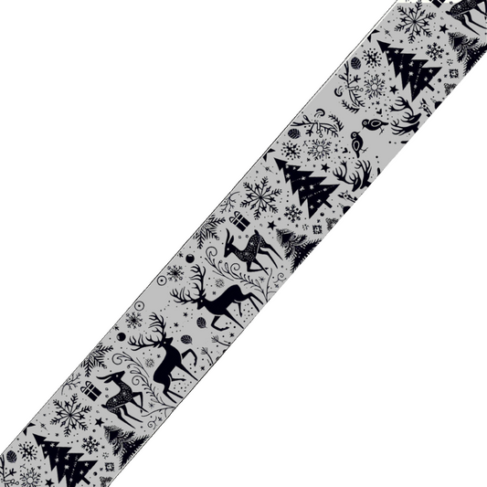 BioThane imprimé - Motif "Rennes & Sapins stylisés" (édition Silver)