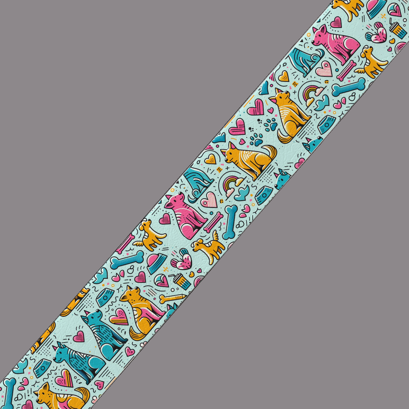 Motif BioThane® – Chiens Colorés (Fond Bleu Clair)