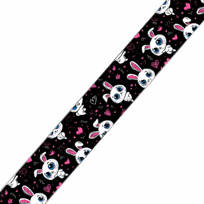 BioThane imprimé – Motif Lapins cartoon & cœurs fond noir