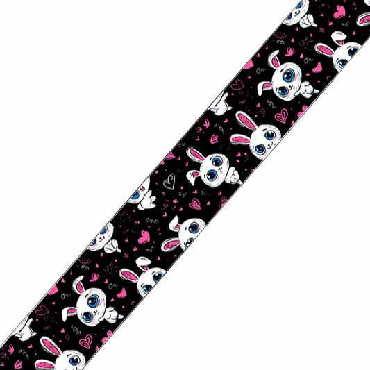 BioThane imprimé – Motif Lapins cartoon & cœurs fond noir