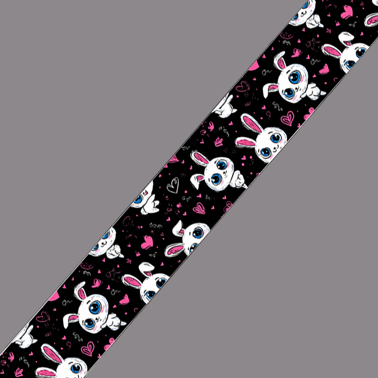 BioThane imprimé – Motif Lapins cartoon & cœurs fond noir