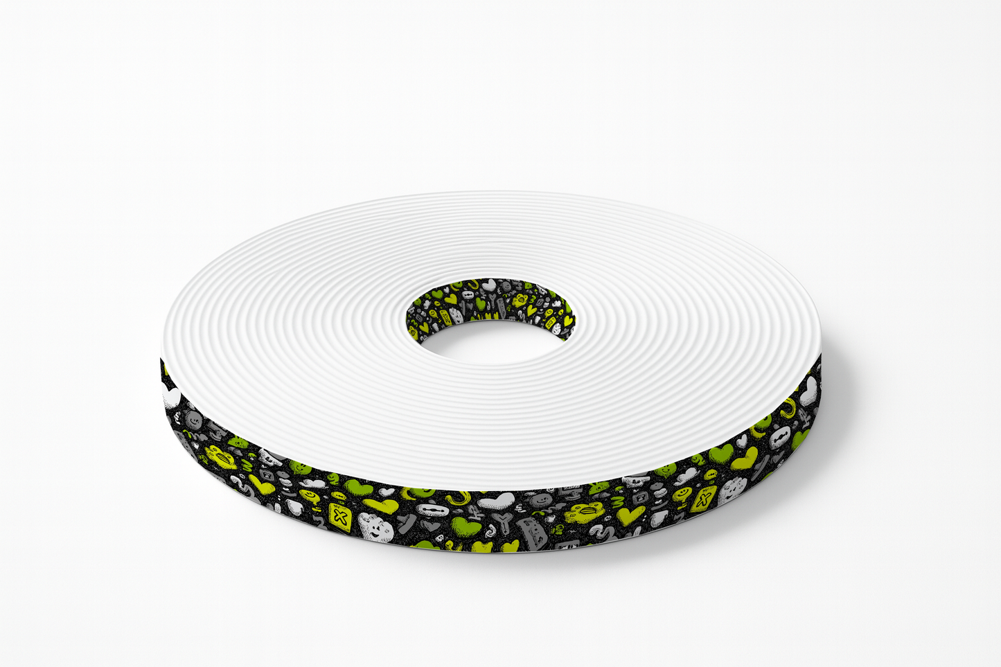 BioThane imprimé – Motif Emojis & Cœurs vert fluo sur fond noir