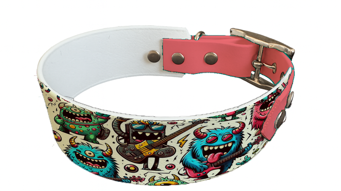 Collier bicolore large pour chien en BioThane® imprimé – Collection monstres et créatures imaginaires– 38/25 mm