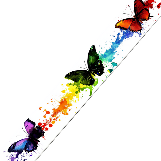 BioThane imprimé – Papillons colorés & éclaboussures arc-en-ciel