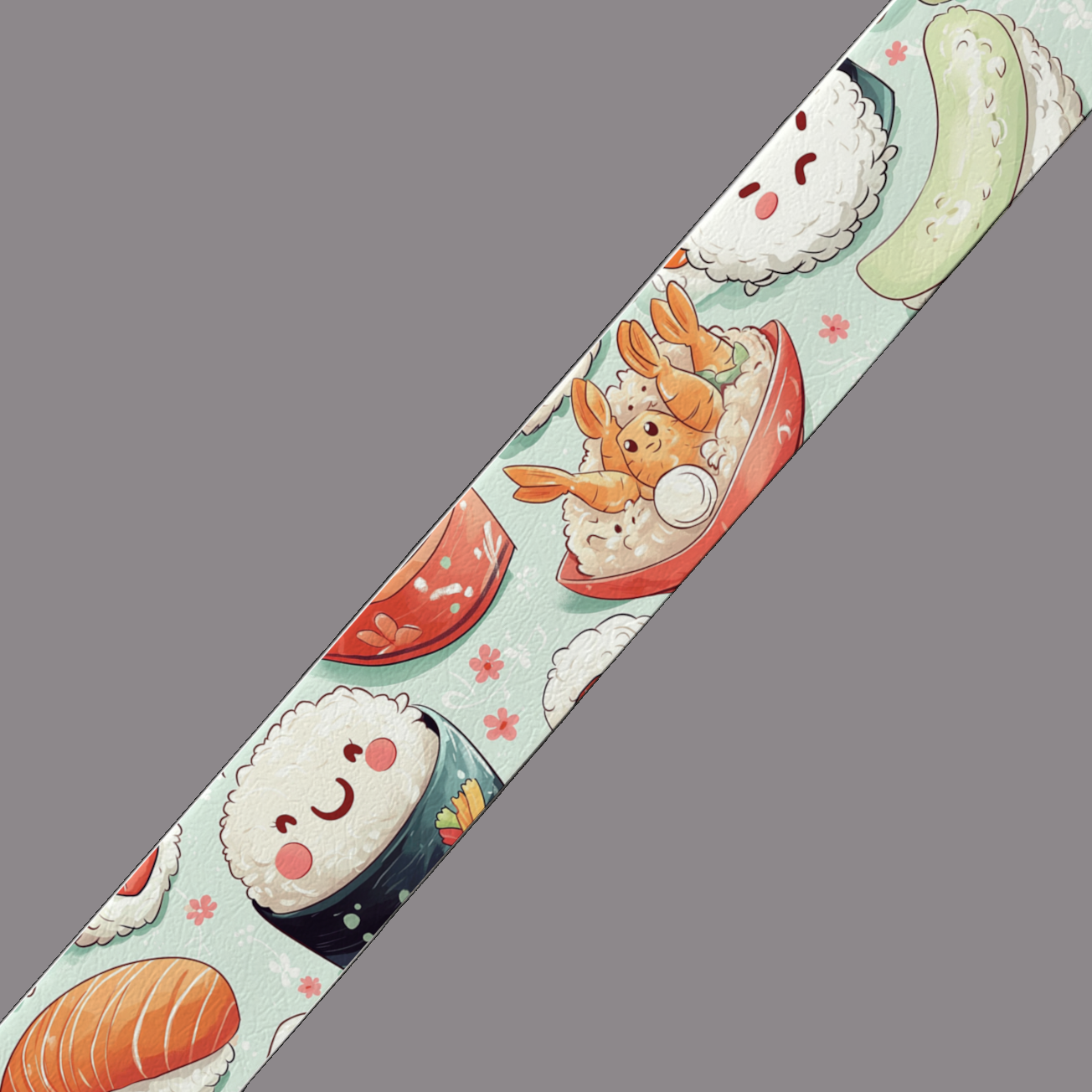 BioThane imprimé – Sushis kawaii & bols de riz souriants