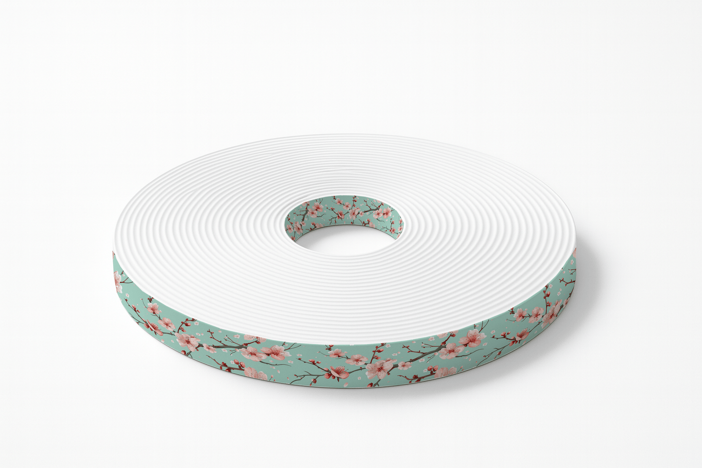 L'atelier du Fourmilier BioThane imprimé au mètre BioThane® imprimé – Fleurs de cerisier sur fond vert d'eau