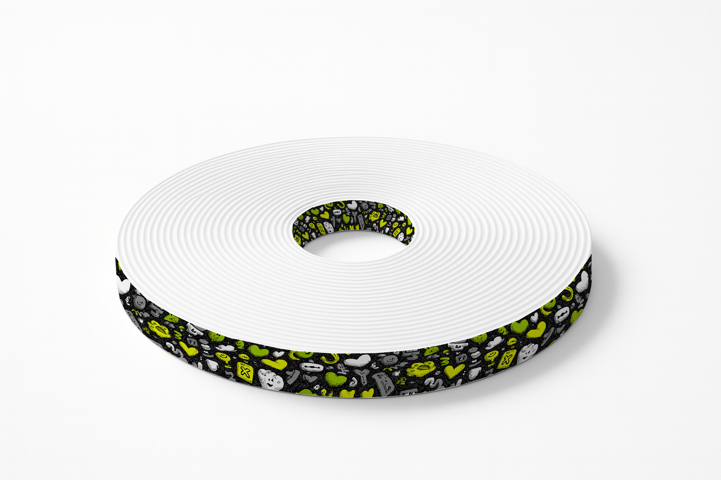 L'atelier du Fourmilier BioThane imprimé au mètre BioThane imprimé – Motif Emojis & Cœurs vert fluo sur fond noir