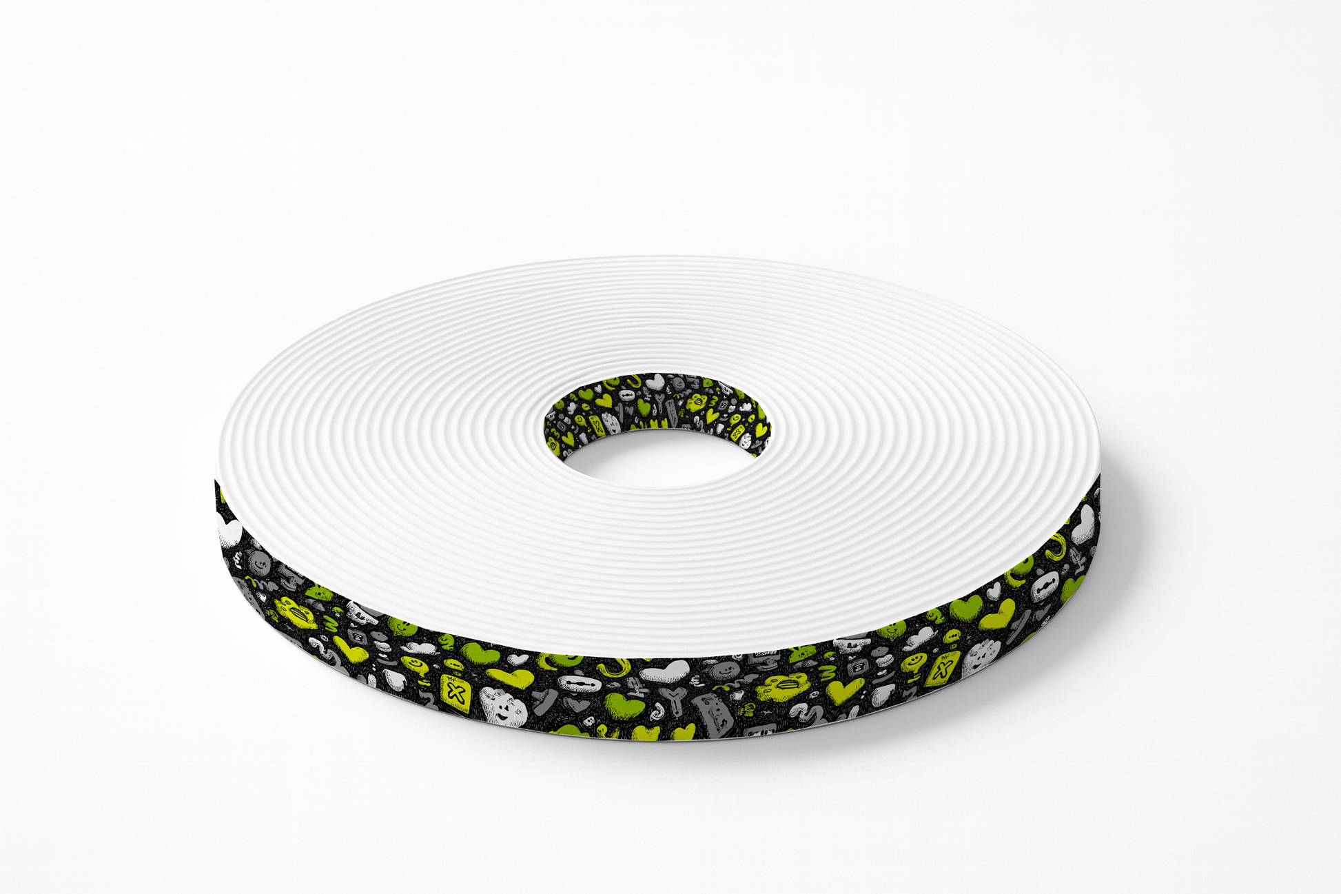 L'atelier du Fourmilier BioThane imprimé au mètre BioThane imprimé – Motif Emojis & Cœurs vert fluo sur fond noir