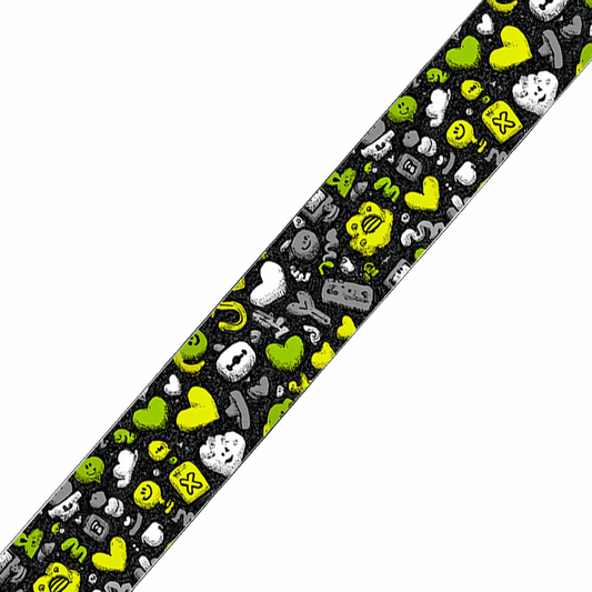 L'atelier du Fourmilier BioThane imprimé au mètre BioThane imprimé – Motif Emojis & Cœurs vert fluo sur fond noir