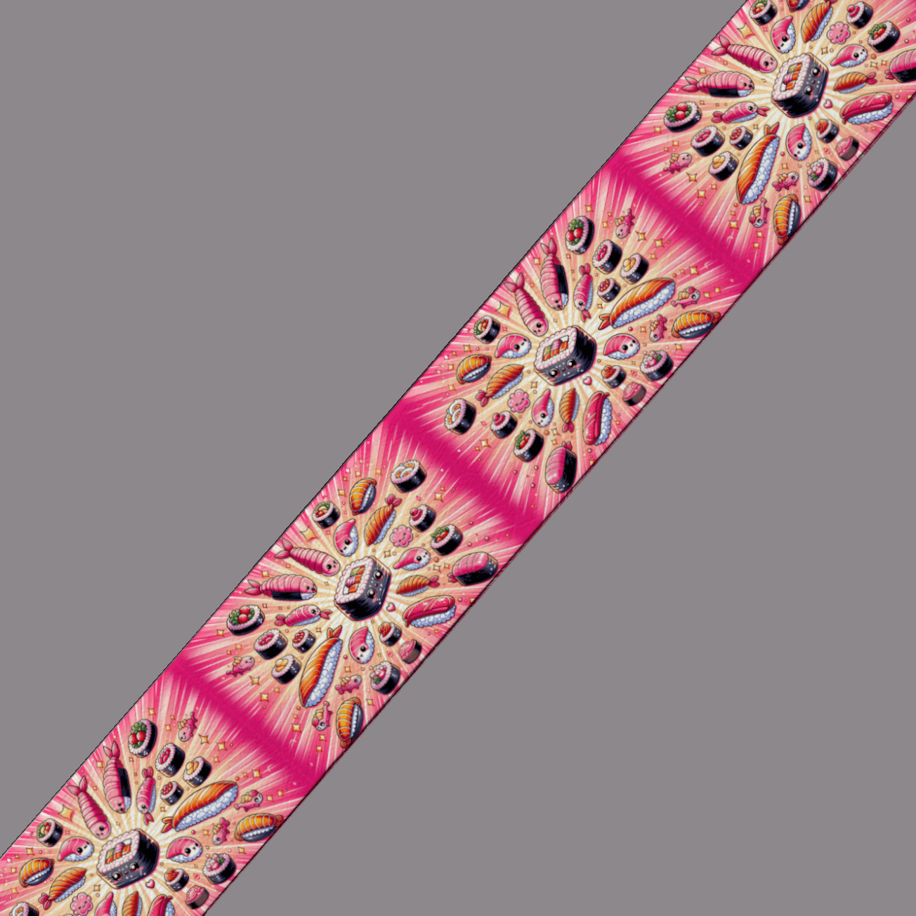 L'atelier du Fourmilier BioThane imprimé au mètre BioThane® imprimé - Motif Sushis Pop sur fond rose (19mm, 25mm, 38mm)