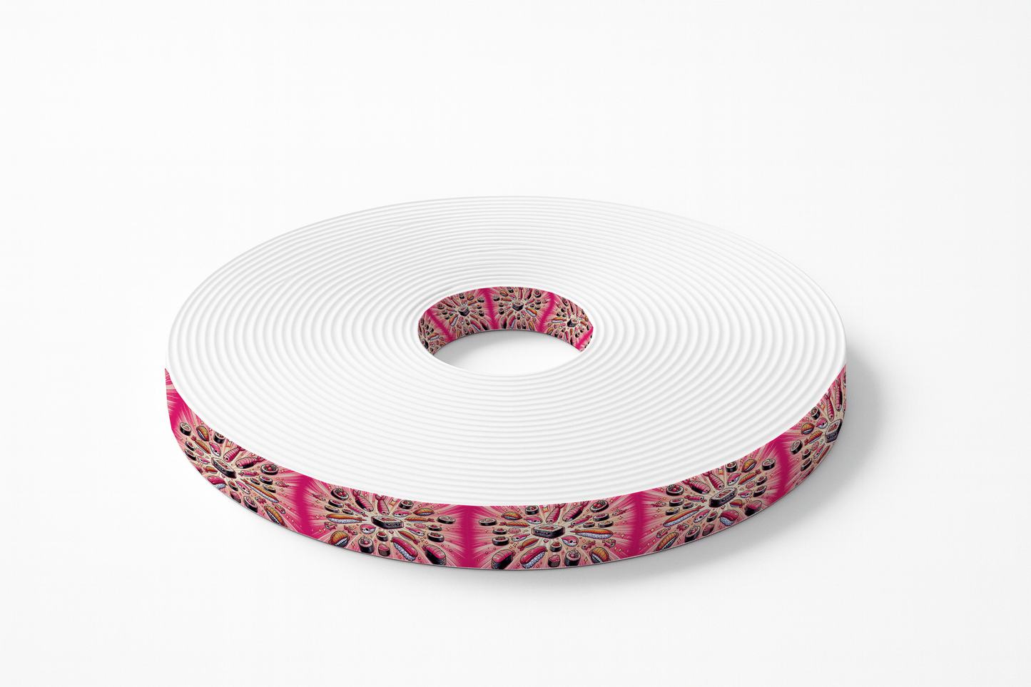 L'atelier du Fourmilier BioThane imprimé au mètre BioThane® imprimé - Motif Sushis Pop sur fond rose (19mm, 25mm, 38mm)