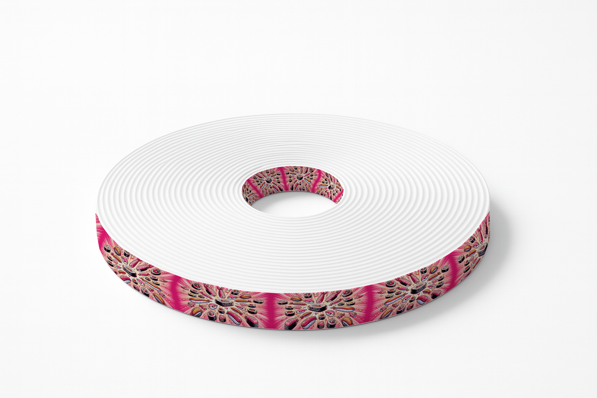 L'atelier du Fourmilier BioThane imprimé au mètre BioThane® imprimé - Motif Sushis Pop sur fond rose (19mm, 25mm, 38mm)