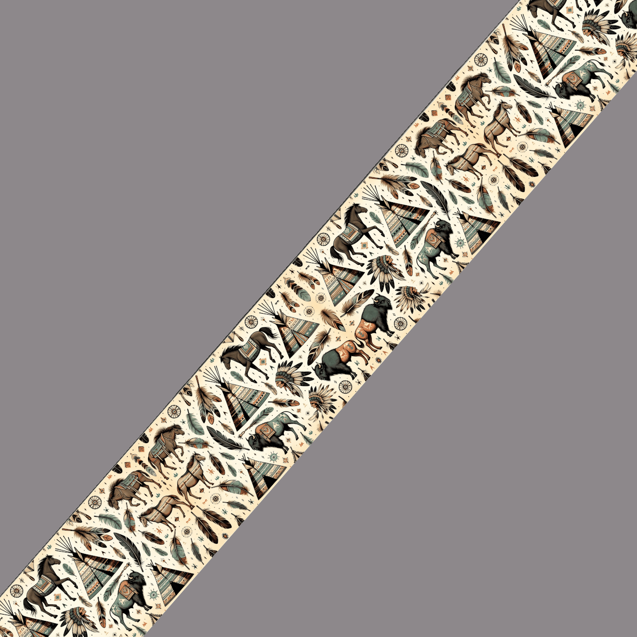 L'atelier du Fourmilier BioThane imprimé au mètre BioThane® imprimé motif Tribal Indien – chevaux, tipis et plumes